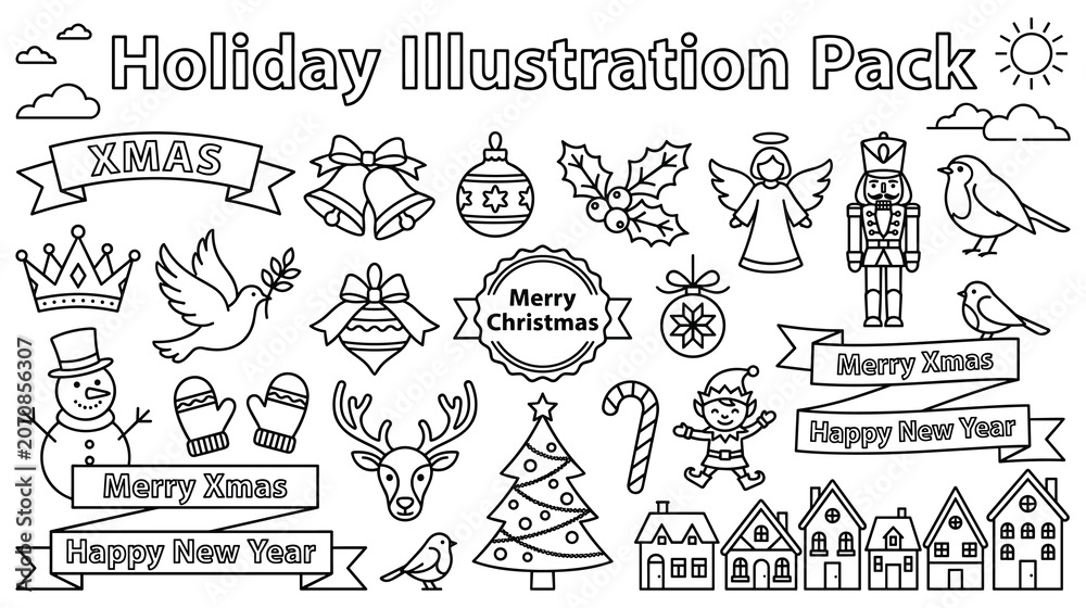 Naklejka premium Holiday illustration pack christmas festive winter celebration elements.