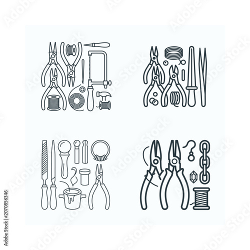 Jewelry Making Tools and Supplies - Vector Line Art Icons