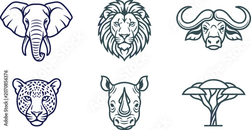 Photography African Wildlife Line Icon Set with Elephant, Lion, Buffalo, Rhinoceros, Leopard