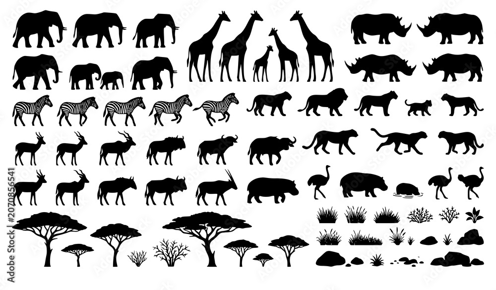 Obraz premium African Animal Silhouette Vector Bundle with Safari Wildlife and Savanna Elements