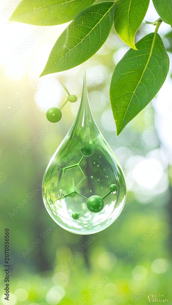 Fototapeta premium A fresh green leaf dripping a clear water droplet with an organic molecular structure inside, symbolizing natural biotechnology and science. Bright bokeh background, nobody.