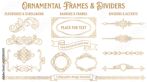 Cuadro en lienzo Golden ornamental frames banners and calligraphic lines.