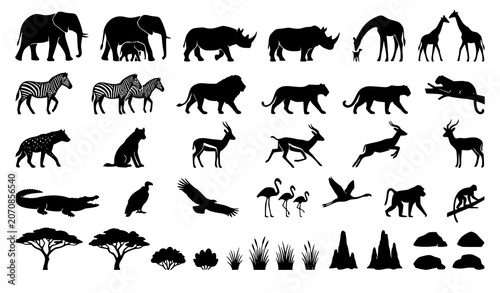 Photography African Wildlife Silhouette Collection with Safari Animals Trees and Grass