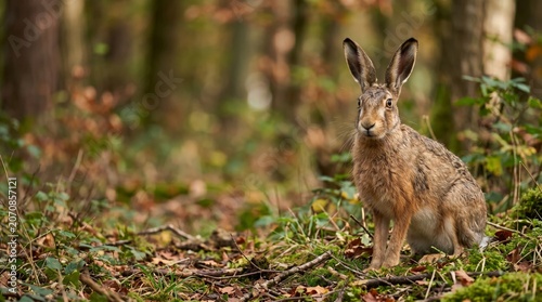 Wild Hare Sitting in a Forest With Trees and Fallen Leaves in Autumn