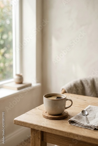 Morning Coffee on a Wooden Table by the Window With a Spoon and a Napkin