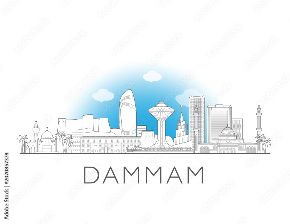 Obraz premium Dammam skyline, Saudi Arabia. Urban cityscape with landmarks and monuments. Hand drawn line art digital skyline illustration.