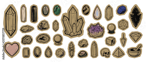 Bild auf Leinwand Crystal Gem Scrapbook Sticker Vector Set Hand Drawn Kraft Paper Mineral Stone Co