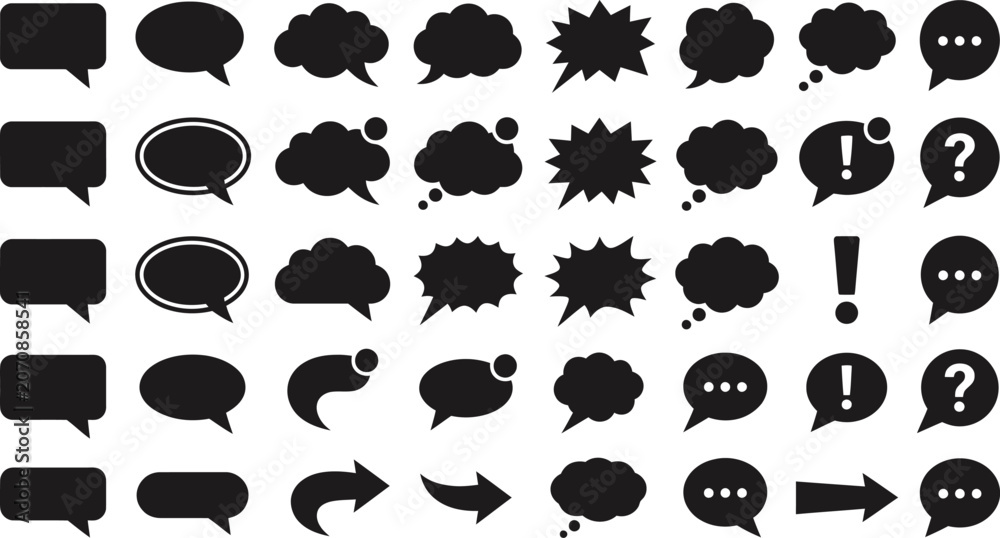 Fototapeta premium Black silhouette comic speech bubbles and thought clouds on white background for dialogue design elements