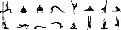 Bild auf Leinwand Collection of Black Silhouettes of People Performing Various Yoga Poses