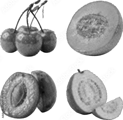 Halftone illustration of various fruits including cherries and apples and pears