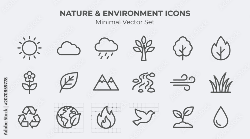 Fototapeta premium Minimal vector set of nature and environment icons featuring various symbols.
