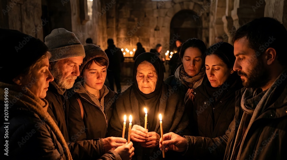 Fototapeta premium Religious group holding candles in a dark ancient stone church