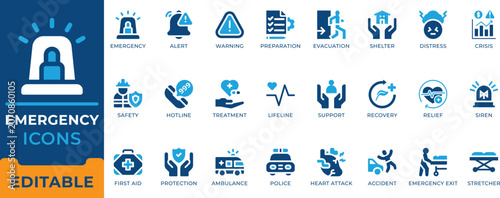 Fotografía Emergency Ambulance Police First Aid Warning Safety Icon Set - editable vectors for crisis management, disaster rescue, and evacuation