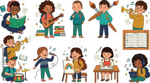 Diverse School Children Characters Collection Doing Creative Extracurricular Activities Reading Playing Music Singing Painting and Studying Vector Illustration Set