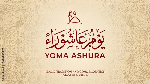 Arabic calligraphy “يوم عاشوراء” with English transliteration “YOMA ASHURA” in red on beige patterned background with crescent moon, symbolizing Islamic tradition and sacred remembrance…