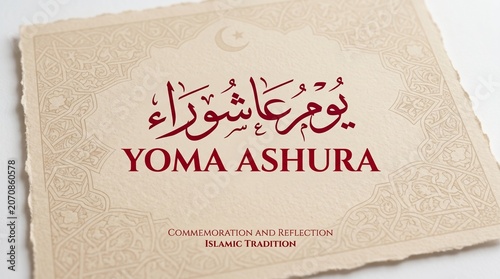 Arabic calligraphy “يوم عاشوراء” with English transliteration “YOMA ASHURA” in red on beige patterned background with crescent moon, symbolizing Islamic tradition and sacred remembrance…
