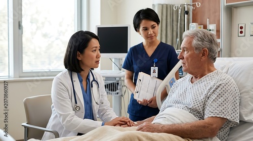 Female Doctor and Nurse Talking to Elderly Patient in Hospital