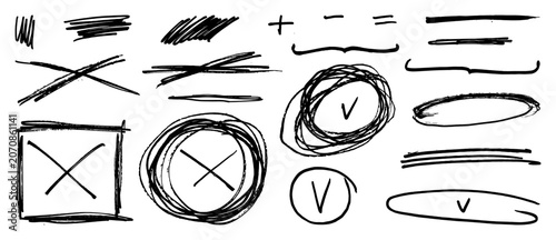 Hand drawn line marks. Mad punk pencil sketches. Pen marker annotations. Check marks, ovals, X V symbols, and crosses. Vector brush doodle underlines. Scribble boxes, chalk ticks and handwritten signs