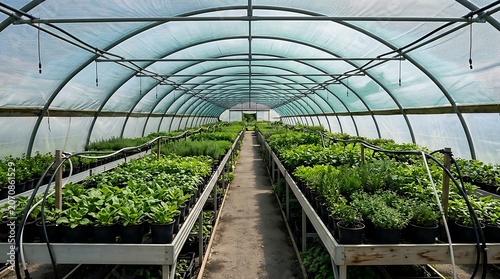 Interior of a Large Greenhouse with Young Potted Plants