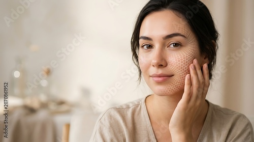 Woman with digital skincare grid for facial analysis and beauty tech