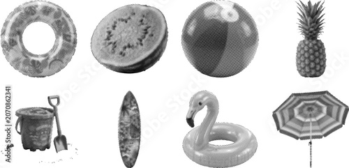 Black and white illustration of beach summer objects and fruits in halftone style