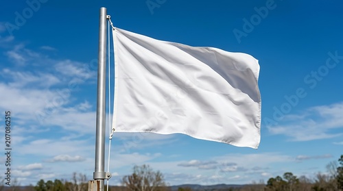 Plain White Flag Waving on Flagpole Against Blue Sky