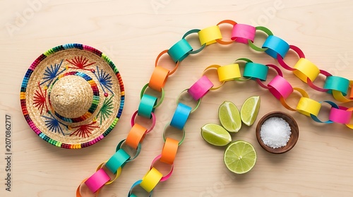 Mexican Fiesta Flat Lay with Sombrero Limes and Paper Chains
