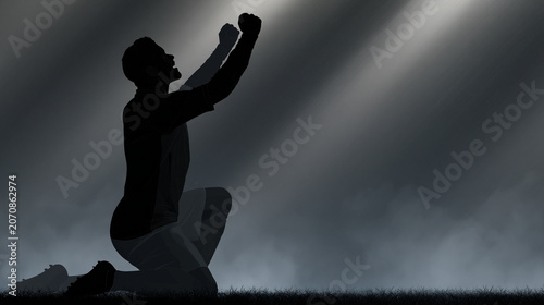 Soccer player silhouette celebrating a goal on knees, dynamic winning gesture, black and white sports champion emotional pose, vector celebration concept art, with copy space