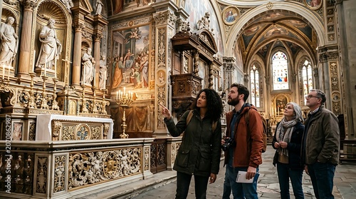 Group of tourists admiring the ornate interior of a historic cathedral