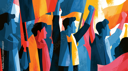 Faceless soccer fans cheering with flags and scarves in a vibrant illustrated crowd scene celebrating a football match victory, colorful artistic composition, soccer fan
