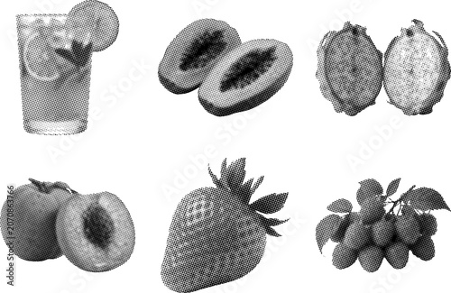 Halftone illustrations of fruits and a glass of juice with fruits  various fruit types