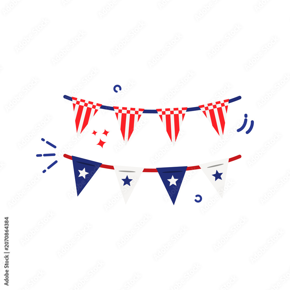 Obraz premium Red white striped checkered pennants and blue white star bunting perfect for decorating parties and celebrations, creating a joyful atmosphere.