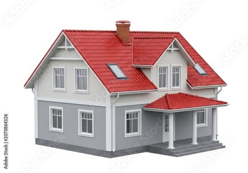A detailed 3D rendering of a modern suburban house with red roof