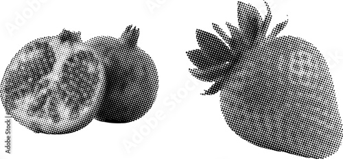 Halftone illustration of pomegranate and strawberry on white background