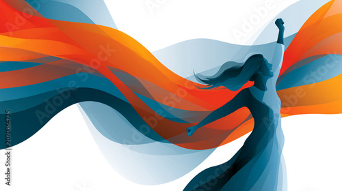 Abstract vector illustration of a person celebrating victory with a colorful flowing wave design, dynamic energetic composition on a clean white background, victory celebration