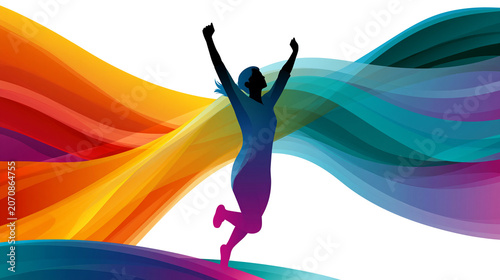 Abstract vector illustration of a person celebrating victory with a colorful flowing wave design, dynamic energetic composition on a clean white background, victory celebration