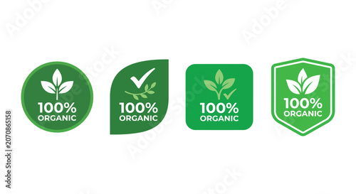 Tableau sur toile Organic certification labels flat vector icons with green and white color scheme