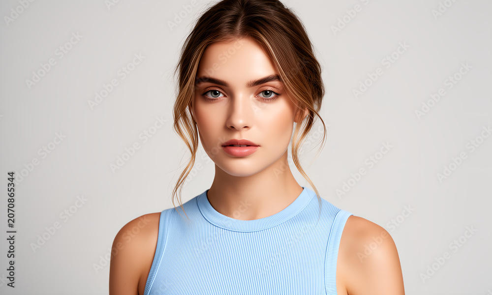 Fototapeta premium Headshot of a beautiful young woman with brown hair and a serious expression.