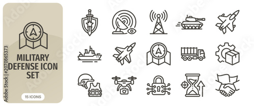 Foto Military defense icon set, thin line icons for army, security, war, weaponry, su
