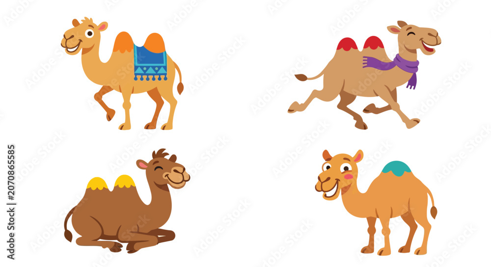 Fototapeta premium Four Camels In Flat Vector Illustration With White Background