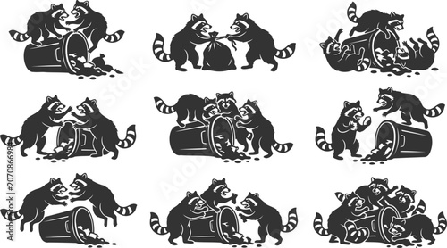 Foto Vector illustration set showing raccoons rummaging through trash cans and fighti