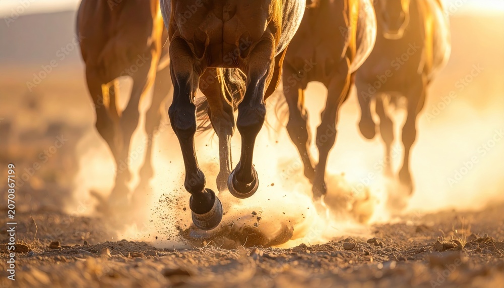 Fototapeta premium Majestic horses galloping in a dust cloud, their hooves kicking up golden particles in a display of raw power and speed.