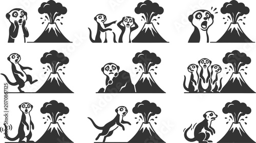 Φωτογραφία Set of nine black silhouette icons of meerkats reacting with shock and alarm to