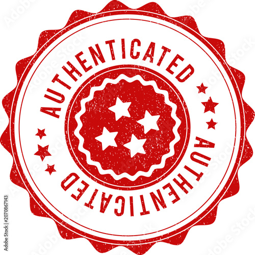 Photos Circular red grunge stamp with the word authenticated and stars for verified pro