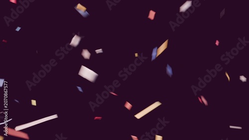 Falling vivid paper confetti and streamers rotating drifting against black void, releasing from top