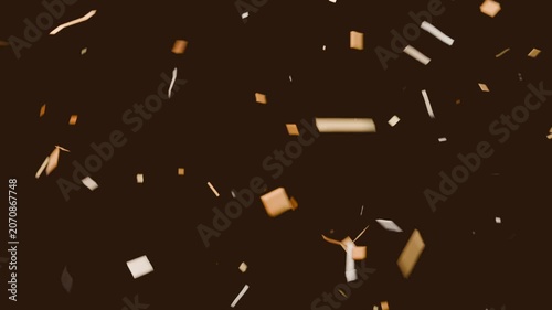 Shimmering confetti field expanding across dark brown backdrop, rotating gold copper silver pieces