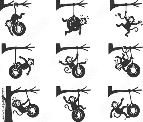 Canvas Print Funny monkey character vector silhouette icons playing with rubber tires for cre