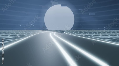 Shifting camera moving toward pale orb in domed arena, revealing 3-lane roadway, grid sparks