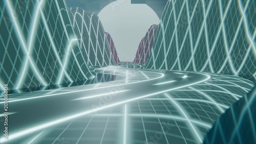 Dollying camera along neon road amid grid hills and pools, guiding toward pale aperture with orb