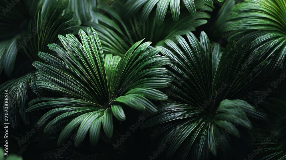Fototapeta premium Lush green tropical palm leaves create a dense, natural background.